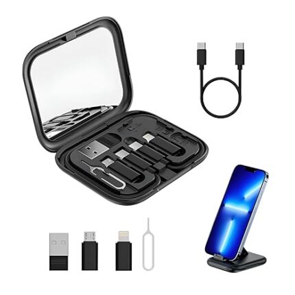 HUMBLE® SnapKit 60W Fast Charging Cable 6-in-1 Kit – USB-A & Type-C to Micro USB/Type-C/Lighting, Data Transfer, SIM Storage, Eject Pin, Pocket Mirror, Phone Stand, Travel Organizer Case (Black)