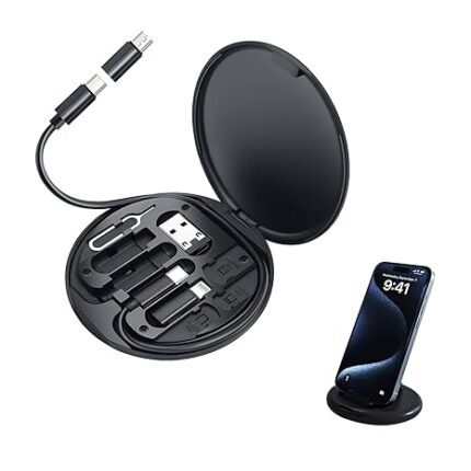 HUMBLE Mini Multi-Functional Fast Charging Data Cable Set for Apple, Android, Type C Charging with Retrieve Card Pin,Round Storage Box,Compact and Portable USB Data Cable Storage Box-Black